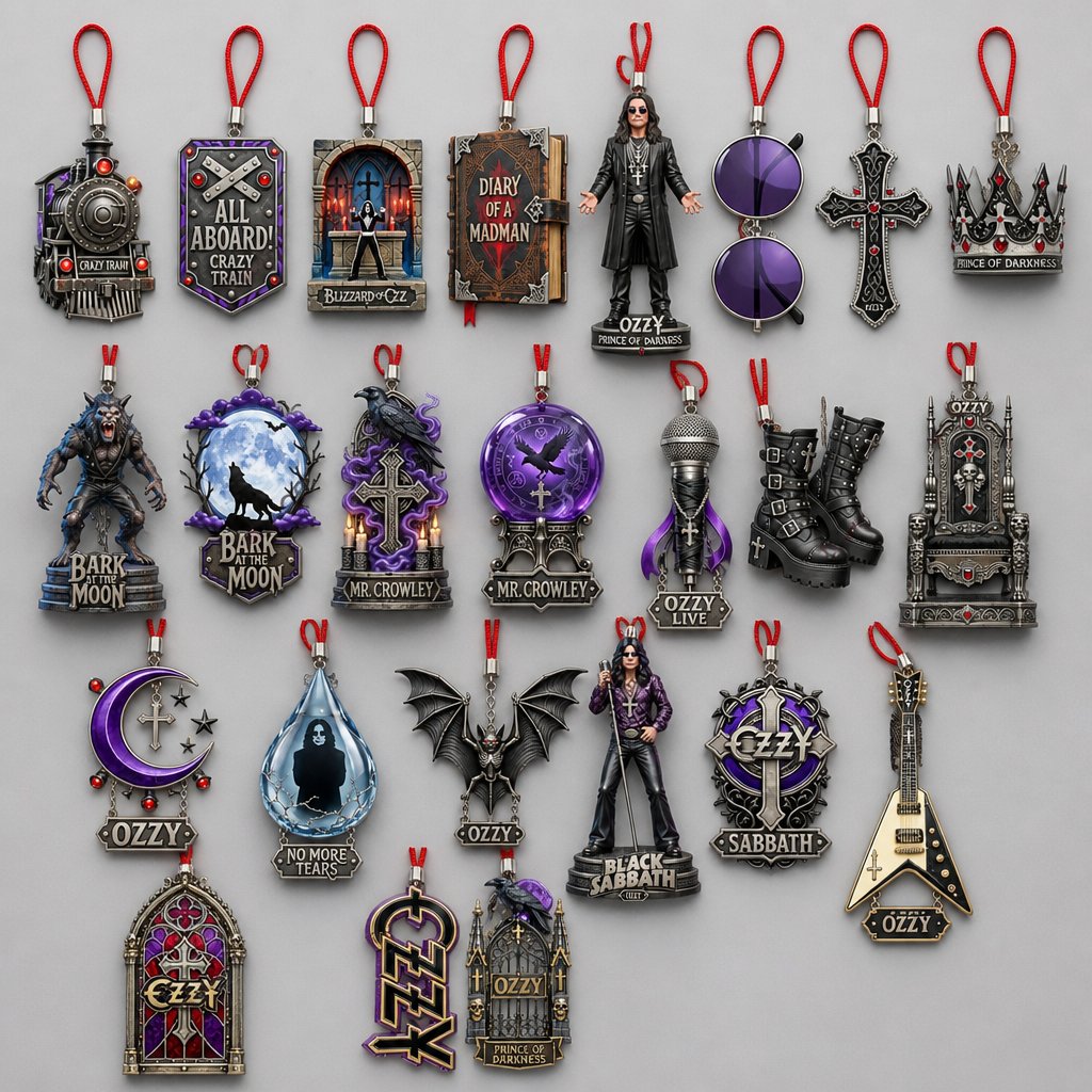 All 24 hanging charms on red cords: a train, a bat, a crown, a throne, round purple shades, a cross